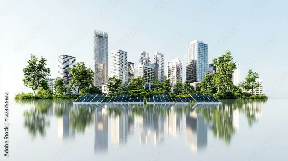 Modern Cityscape with Solar Panels and Lush Greenery Reflection Modern Cityscape with Solar Panels and Lush Greenery Reflection