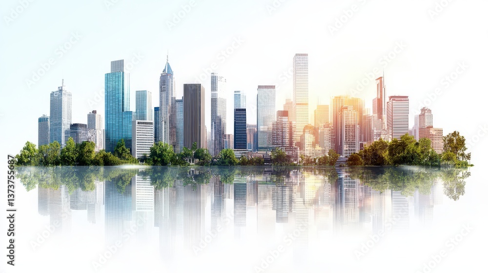 Fototapeta premium Urban Skyline with Reflection and Greenery at Sunrise or Sunset
