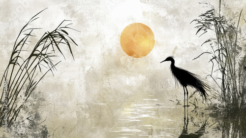 An atmospheric ink-style artwork of a tall bird beside a reed bed at sunrise, wings slightly ruffled, smooth water reflecting long shadows