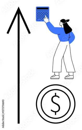 Female figure with calculator near upward black arrow and dollar sign. Ideal for finance, budgeting, growth strategy, investment, economic success, financial literacy, and savings. Minimal flat