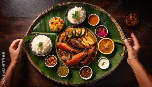 Filipino Kamayan Boodle Fight Feast on Banana Leaves; Shared with Hands for a Traditional Meal; Food on a Banana Leaf 