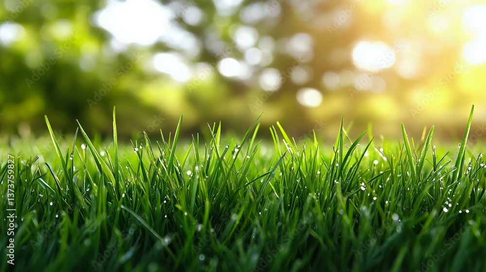 Close-up of fresh green grass illuminated by sunlight, showcasing dew drops glistening in the morning light, creating a serene and natural atmosphere. Close-up of fresh green grass illuminated by sunlight, showcasing dew drops glistening in the morning light, creating a serene and natural atmosphere.