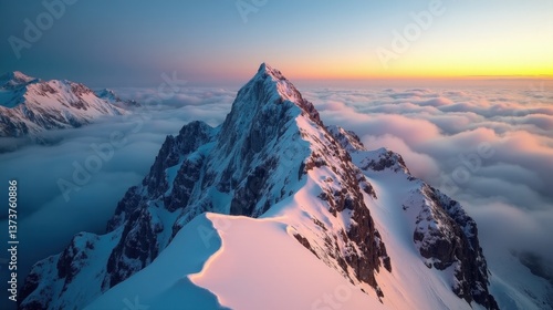 A high-quality professional photo of Mount Titlis, Switzerland, at dawn with cloudy weather, shot from above with a dramatic view of clouds enveloping the peak in early morning light.