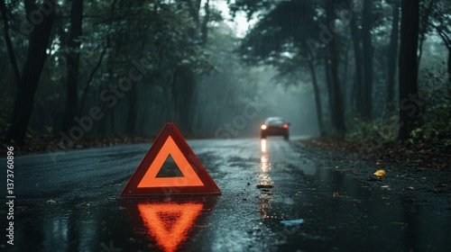 A bright red warning triangle stands on a rain-soaked forest road, with a distant car. AI Generation