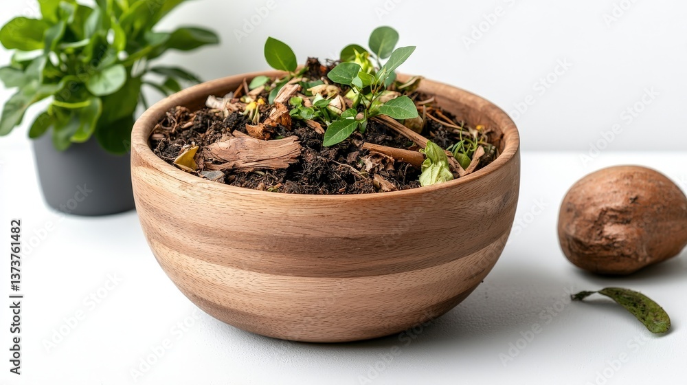 Wooden Bowl with Fresh Herbs and Soil on White Background Wooden Bowl with Fresh Herbs and Soil on White Background
