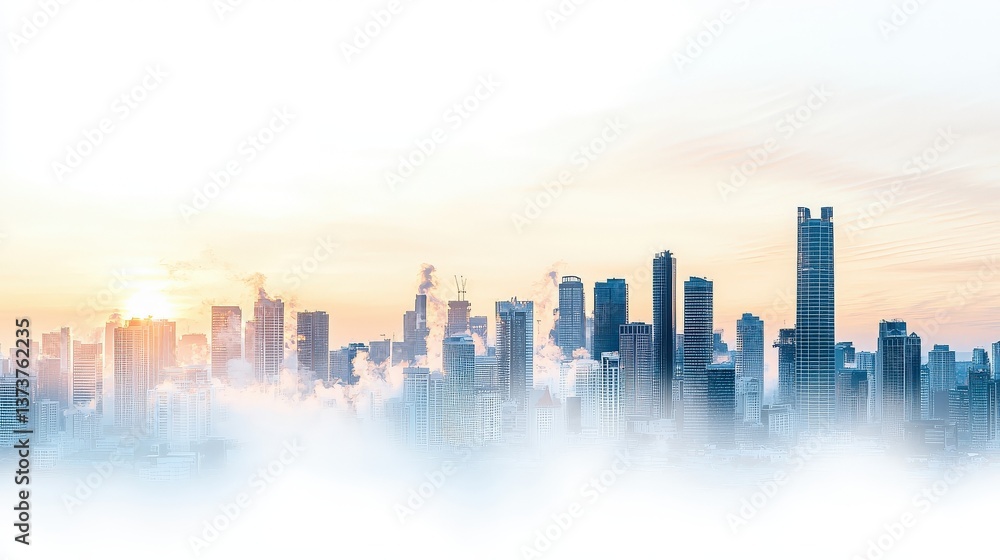 Sunrise over Modern Cityscape with Fog and Soft Sky Colors Sunrise over Modern Cityscape with Fog and Soft Sky Colors