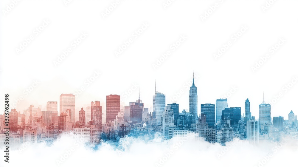 Naklejka premium Urban Skyline with Misty Clouds and Soft Color Palette at Dusk