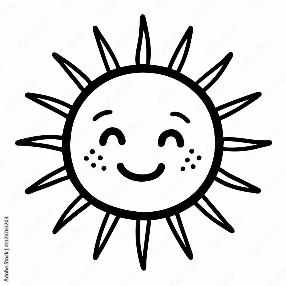 Obraz premium Hand-Drawn Smiling Sun with Radiant Sunbeams – Cheerful and Whimsical Illustration.