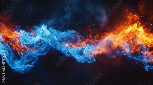 Vibrant digital art showcasing an intense collision of fire and ice, with dynamic blue and orange flames entwined, creating a striking contrast against a dark backdrop.. AI Generation