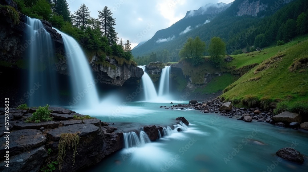 Fototapeta premium A high-quality photo of Reichenbach Falls in Switzerland, Europe, during dusk with rainy weather, taken from a normal perspective. The wet, misty falls create a dramatic