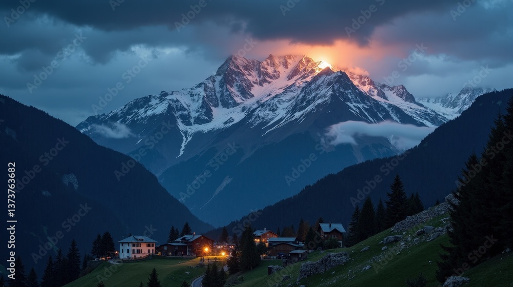 Detailed, high-quality photo of Muottas Muragl in Switzerland at night with rainy conditions, shot from an ordinary perspective. Raindrops reflect light and enhance the scenery. Detailed, high-quality photo of Muottas Muragl in Switzerland at night with rainy conditions, shot from an ordinary perspective. Raindrops reflect light and enhance the scenery.