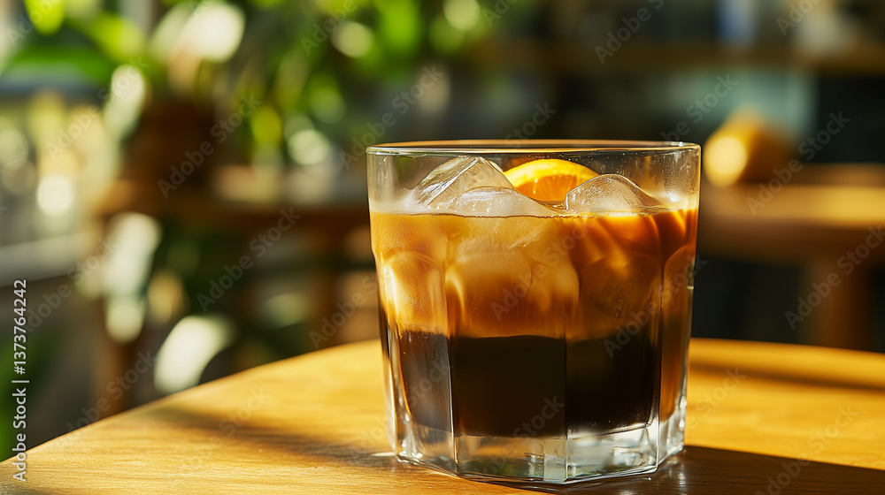 A minimalist high-end product photography shot of a ice bumble coffee (Bumblebee coffee). Orange coffee, tonic, coffee lemonade A minimalist high-end product photography shot of a ice bumble coffee (Bumblebee coffee). Orange coffee, tonic, coffee lemonade