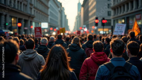 Wallpaper Mural Protesters calmly stand in a historic city square during a peaceful demonstration. The golden hour light adds depth to the scene, creating a sense of togetherness and determination. Torontodigital.ca