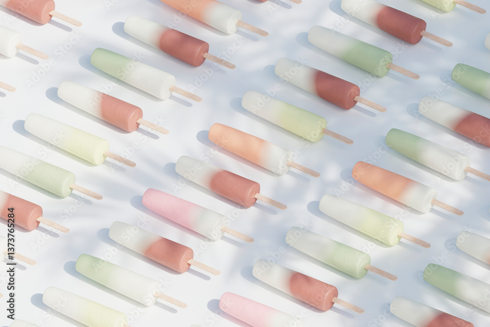 Colorful pastel popsicles arranged in a pattern on a light background Colorful pastel popsicles arranged in a pattern on a light background