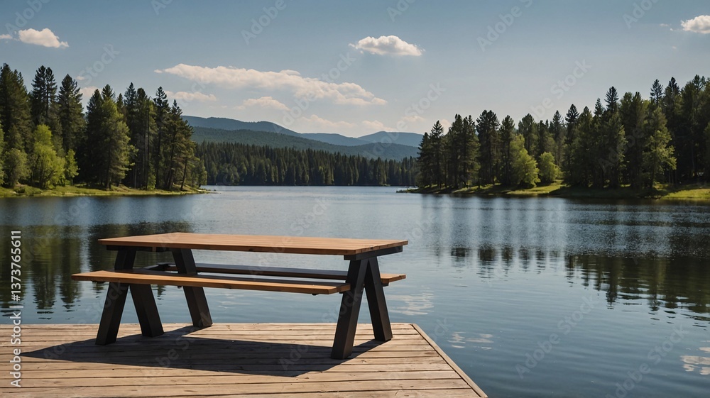 Naklejka premium A serene lakeside view featuring a wooden picnic table, surrounded by lush greenery and mountains under a clear blue sky.