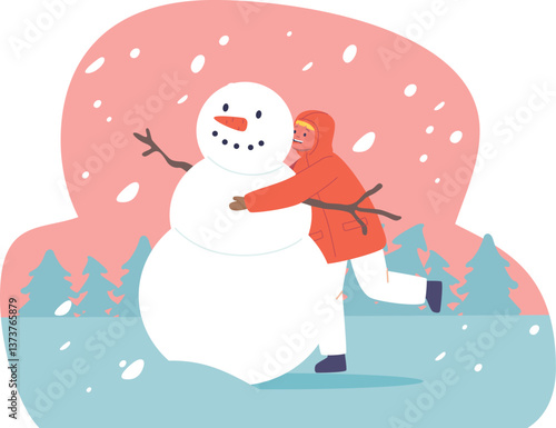 Happy child making snowman outdoors
