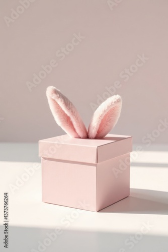 Pink gift box with fluffy bunny ears peeking out, a delightful springtime surprise