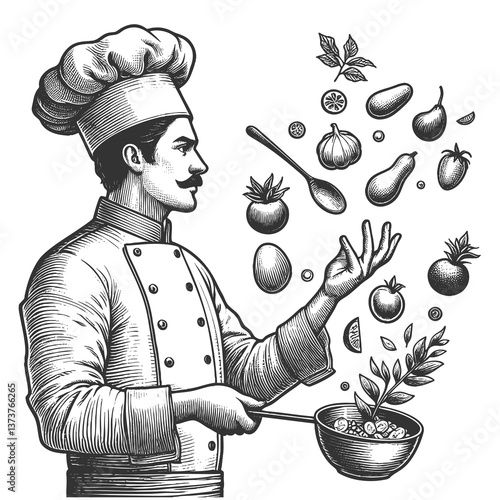 Chef Cooking with Flying Vegetables raster