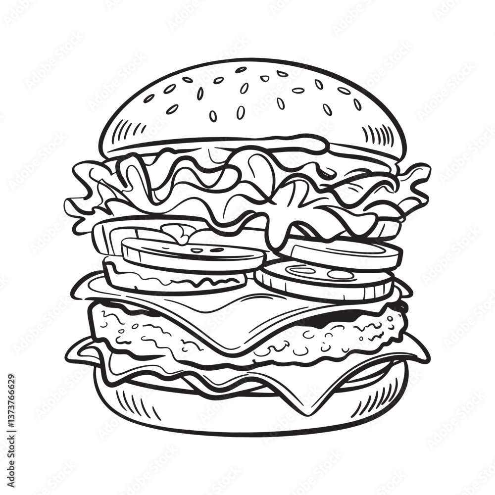 Burger line art vector illustration isolated on white background Burger line art vector illustration isolated on white background