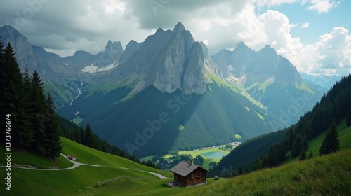 A detailed, high-quality professional photo of Mänch Mountain in Switzerland, Europe, taken during mid-day with rainy conditions, captured from an aerial view.