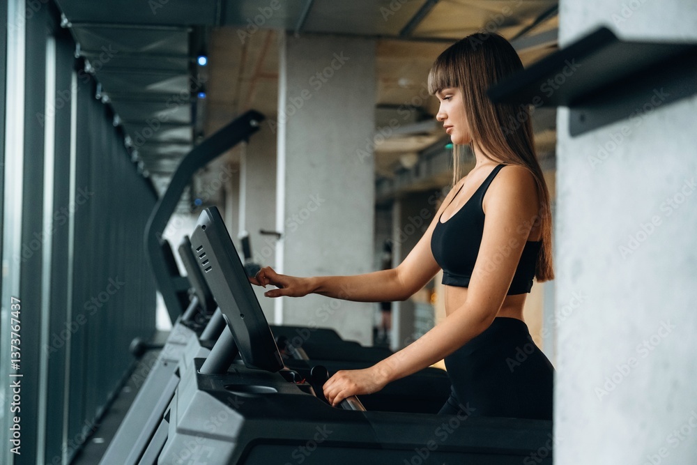Fototapeta premium Using modern equipment, cardio concept. Young woman is in the gym