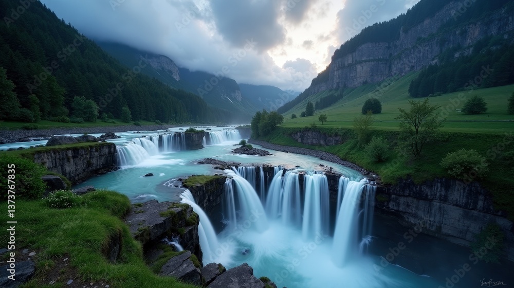 A high-quality photo of Reichenbach Falls in Switzerland, Europe, during dusk with cloudy skies, shot from an elevated view. The falls cascade below A high-quality photo of Reichenbach Falls in Switzerland, Europe, during dusk with cloudy skies, shot from an elevated view. The falls cascade below