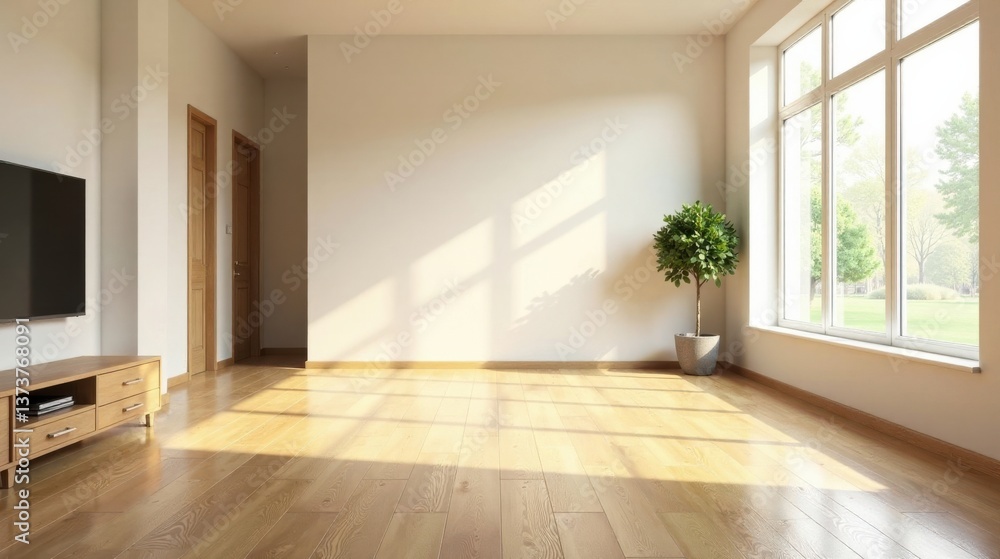 Bright Sunlight Illuminates a Modern Empty Room with Hardwood Floors, a Minimalist TV Stand, and Large Window Bright Sunlight Illuminates a Modern Empty Room with Hardwood Floors, a Minimalist TV Stand, and Large Window