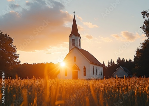 Rural church sunset golden field