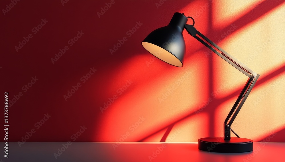 Black desk lamp on a red background with copy space, close-up. Black desk lamp on a red background with copy space, close-up.