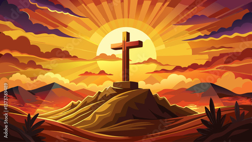 Holy cross on hill with dramatic sunrise background for Easter Christian resurrection of Jesus Christ.