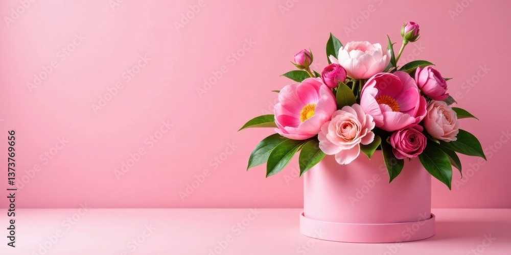 A Delicate Arrangement of Pink Blooms in a Pastel Hatbox on a Soft Pink Background A Delicate Arrangement of Pink Blooms in a Pastel Hatbox on a Soft Pink Background