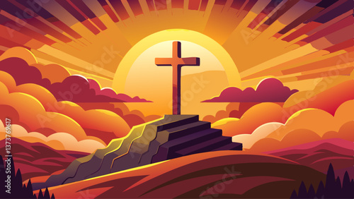 Holy cross on hill with dramatic sunrise background for Easter Christian resurrection of Jesus Christ.