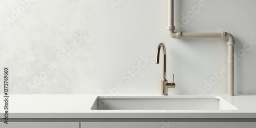 Modern kitchen sink with sleek gold faucet and minimalist beige pipework against a textured white wall