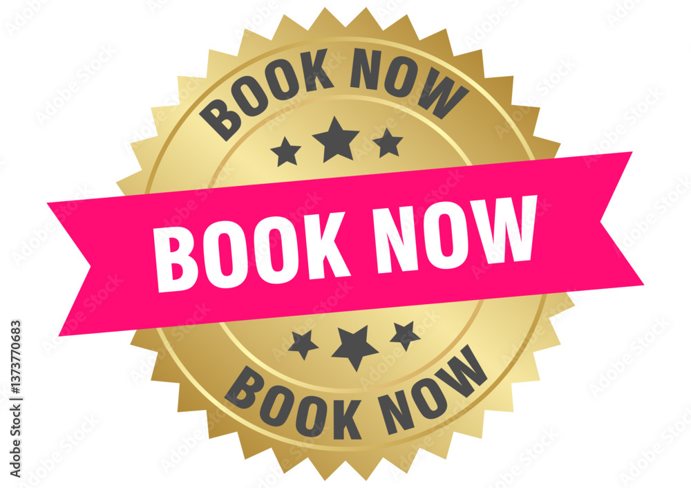 book now. book now round pink and gold label isolated on transparent background book now. book now round pink and gold label isolated on transparent background