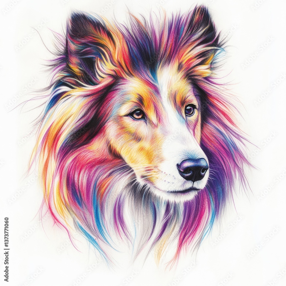 Naklejka premium Papre. Dog Collie Pet Animal Illustration with Multicolored Pencils