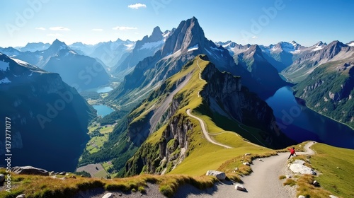 A high-quality professional photo of Mount Titlis in Switzerland, taken from above during midday with sunny conditions. The sun illuminates the peaks and snow-covered slopes.