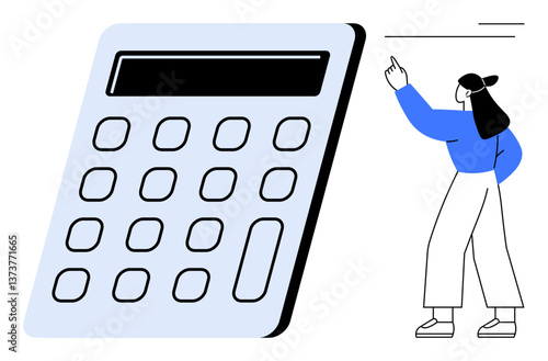 Giant calculator with bold numbers, person in blue pointing thoughtfully. Ideal for education, accounting, finance, learning, budgeting, strategy productivity. Flat simple metaphor