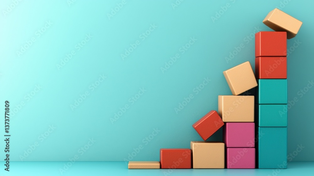 Obraz premium Import Tariffs trade impact concept. Colorful blocks arranged in a growing stack against a blue background.
