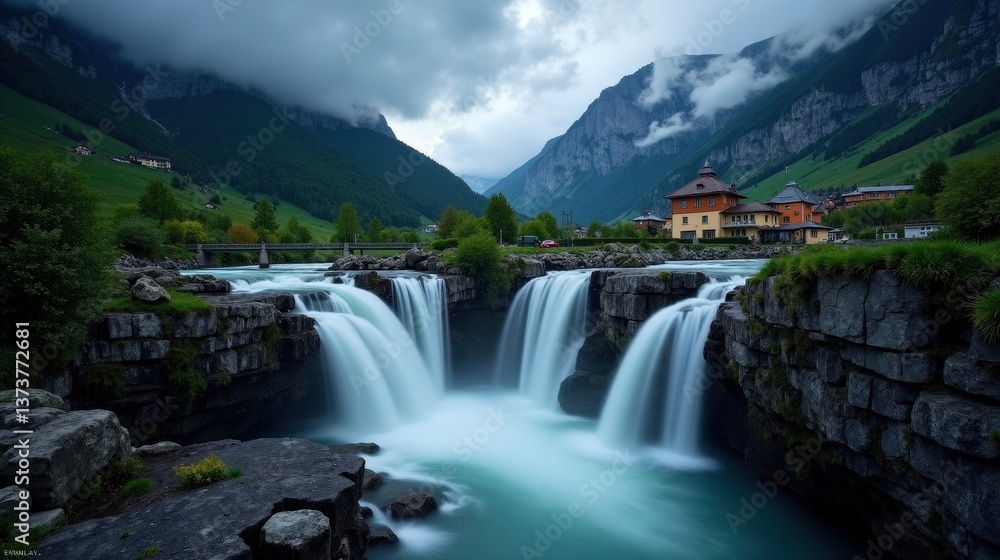 Fototapeta premium A detailed, high-quality photo of Reichenbach Falls in Switzerland during the night with cloudy weather, shot from a standard perspective