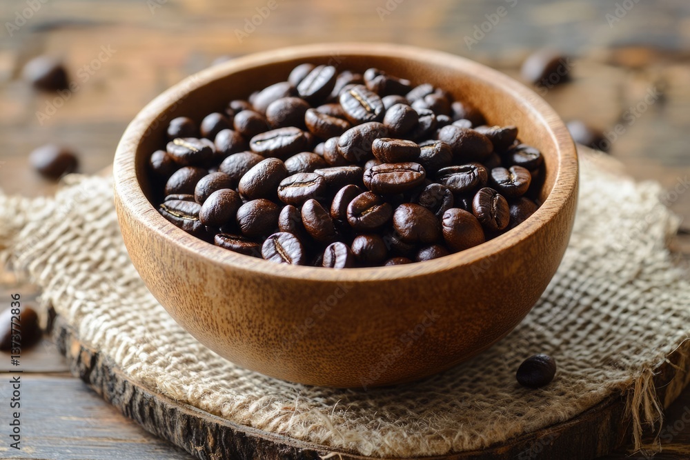 Fototapeta premium Peaberry Coffee: African Arabica Bean Bowl on Wooden Background with Aromatic Aroma