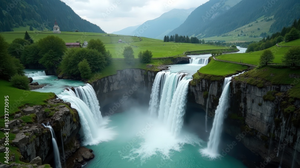 Fototapeta premium A high-quality photo of Reichenbach Falls in Switzerland, Europe, at midday with cloudy skies, shot from an elevated angle. The cloudy sky contrasts with the bright, strong flow of water.