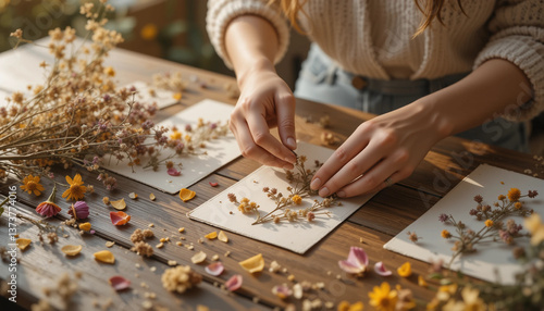 Woman creating a beautiful herbarium with pressed flowers and plants on a wooden table
