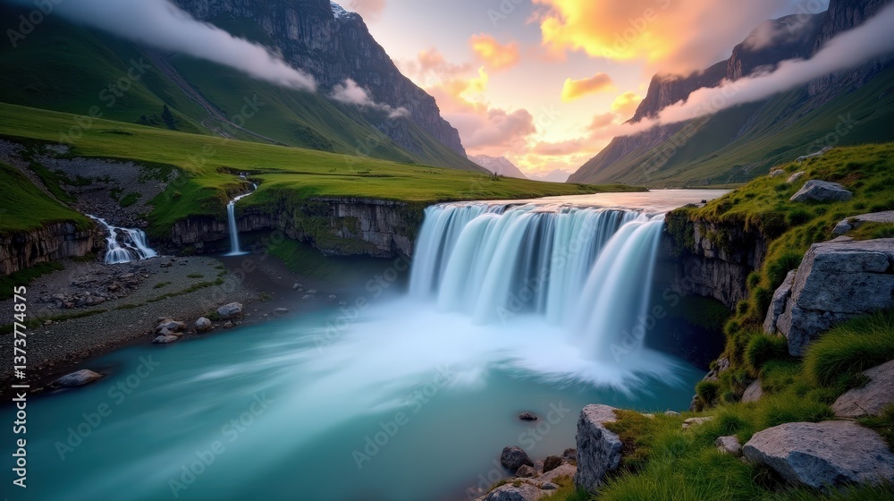 Fototapeta premium A high-quality photo of Reichenbach Falls in Switzerland at dawn, cloudy conditions, captured from an ordinary perspective with the waterfall shrouded in mist.