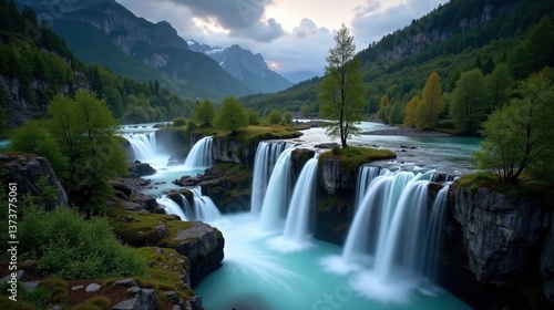 A high-quality photo of Reichenbach Falls in Switzerland, Europe, during dusk with cloudy skies