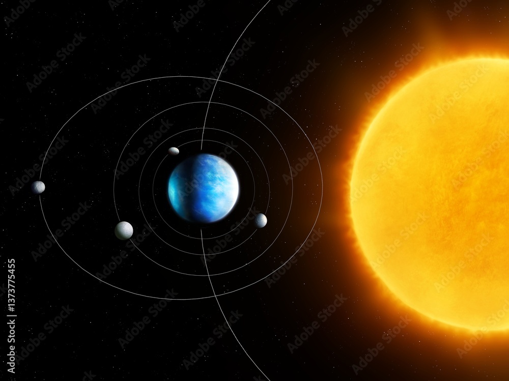 Exoplanet with moons orbiting a star in space. Model of a system of satellites around an Earth-like planet.