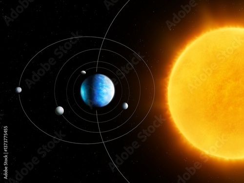 Obraz na płótnie Exoplanet with moons orbiting a star in space. Model of a system of satellites around an Earth-like planet. w salonie