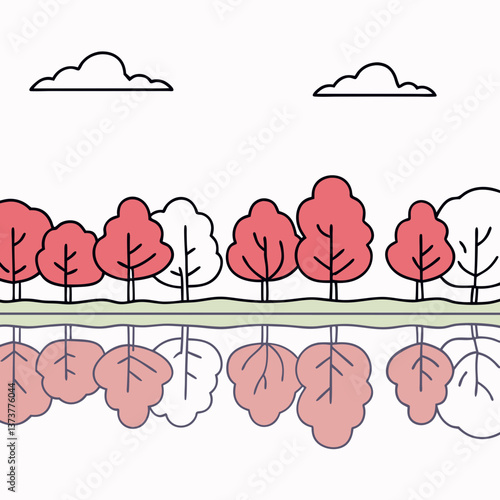 Autumn trees reflecting in a serene lake with clouds  