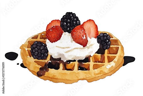 delicious watercolor illustration of golden brown waffle topped with fresh strawberries, blackberries, and whipped cream, evoking sense