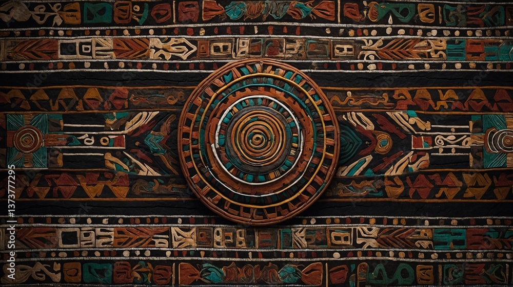 Obraz premium Intricate ethnic wall art featuring vibrant patterns and colors, showcasing deep cultural significance and craftsmanship.