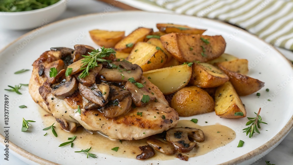 High Angle View of Mushroom Chicken with Roasted Potatoes High Angle View of Mushroom Chicken with Roasted Potatoes